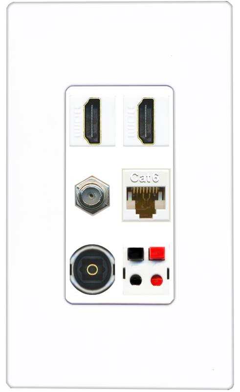 RiteAV 2 Port HDMI 1 Coax Cat6-Ethernet Toslink Speaker Wall Plate - 1 Gang [Screwless White]