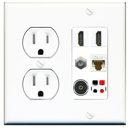 RiteAV 2 Port HDMI 1 Coax Cat6-Ethernet Toslink Speaker Wall Plate - Tamper Proof [White]