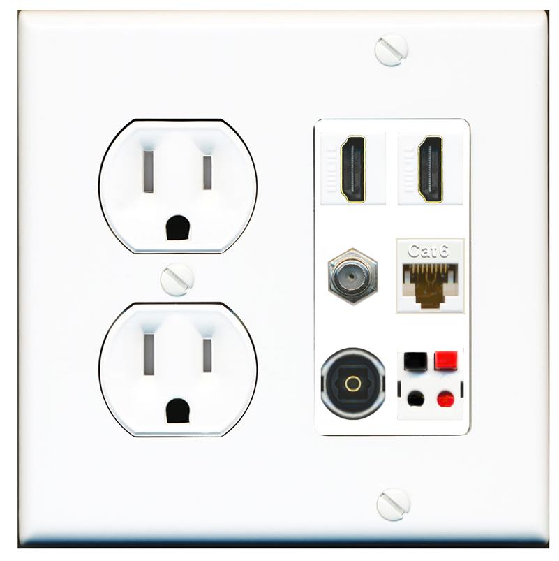 RiteAV 2 Port HDMI 1 Coax Cat6-Ethernet Toslink Speaker Wall Plate - Tamper Proof [White]