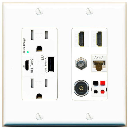 RiteAV 2 Port HDMI 1 Coax Cat6-Ethernet Toslink Speaker Wall Plate - USB AC Charger [White]