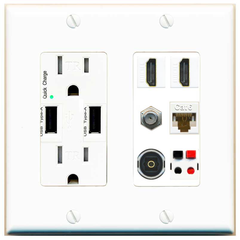RiteAV 2 Port HDMI 1 Coax Cat6-Ethernet Toslink Speaker Wall Plate - USB Charger [White]