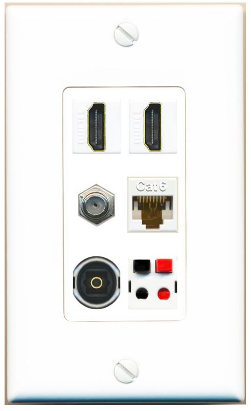RiteAV 2 Port HDMI 1 Coax Cat6-Ethernet Toslink Speaker Wall Plate - 1 Gang [White]