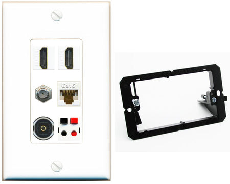 RiteAV 2 Port HDMI 1 Coax Cat6-Ethernet Toslink Speaker Wall Plate - Bracket [White]