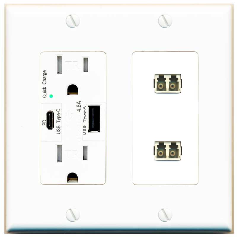 RiteAV 2 Port LC Fiber Optic Multimode Duplex Wall Plate - USB AC Charger [White]