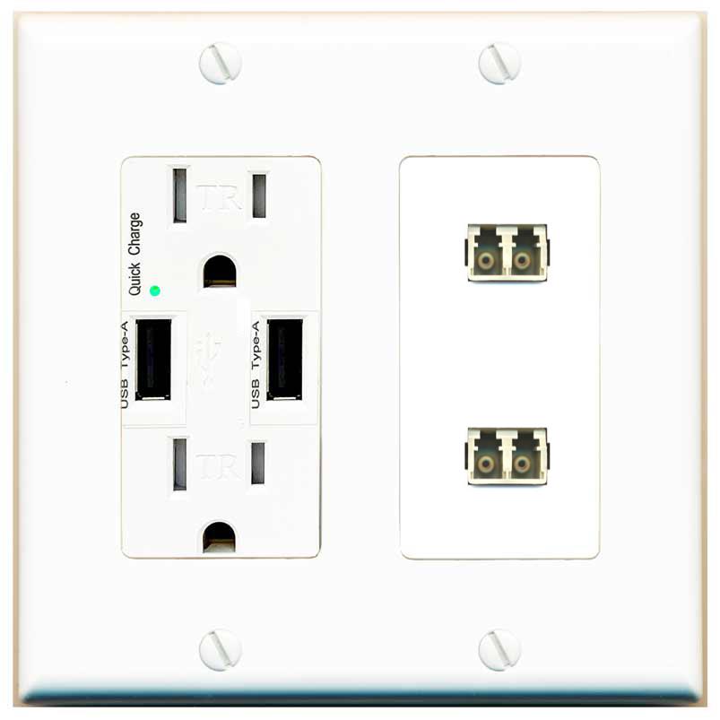 RiteAV 2 Port LC Fiber Optic Multimode Duplex Wall Plate - USB Charger [White]