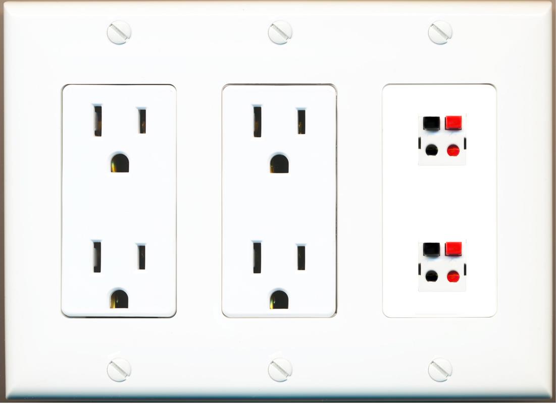 RiteAV 2 Port Speaker Wire Plug Jack Wall Plate - 2 Outlet [White]