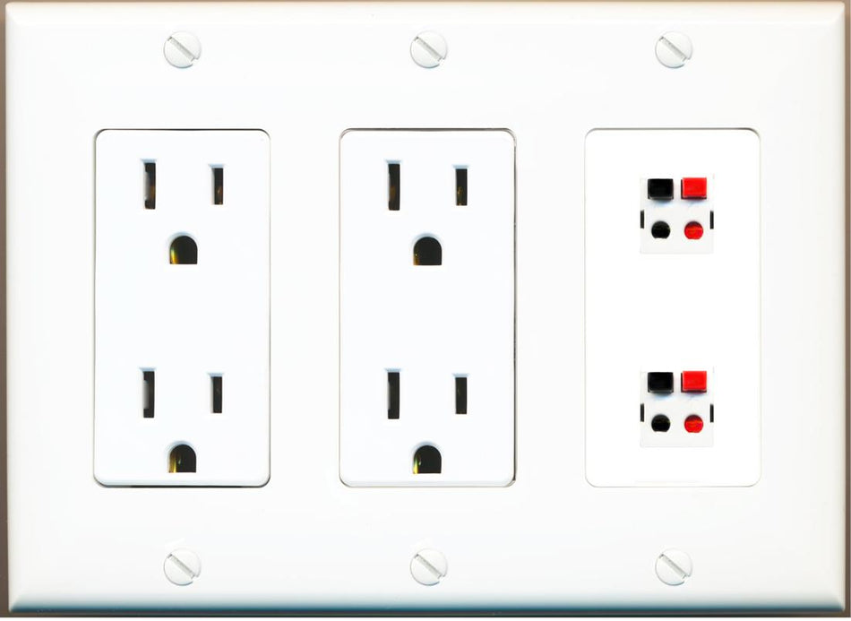 RiteAV 2 Port Speaker Wire Plug Jack Wall Plate - 2 Outlet [White]