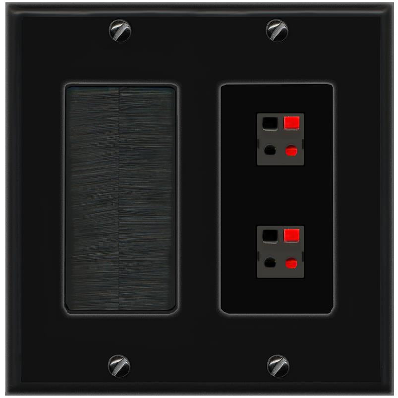 RiteAV 2 Port Speaker Wire Plug Jack Wall Plate - Brush [Black/Black]