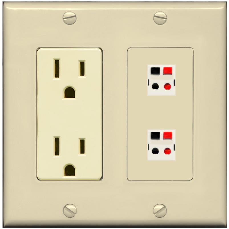 RiteAV 2 Port Speaker Wire Plug Jack Wall Plate - Outlet [Ivory/Ivory]