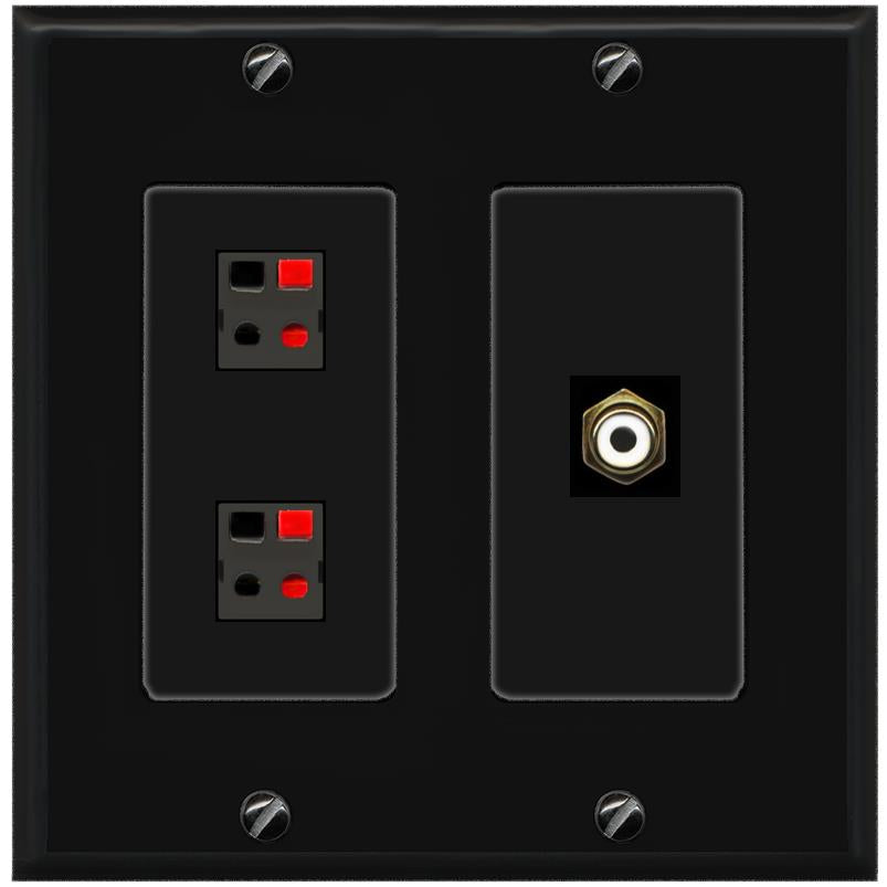 RiteAV 2 Port Speaker Wire Plug Jack Wall Plate with RCA for Subwoofer - 2 Gang [Black/Black]