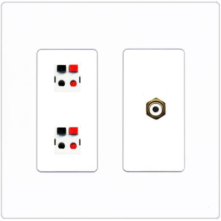 RiteAV 2 Port Speaker Wire Plug Jack Wall Plate with RCA for Subwoofer - 2 Gang [Screwless White]