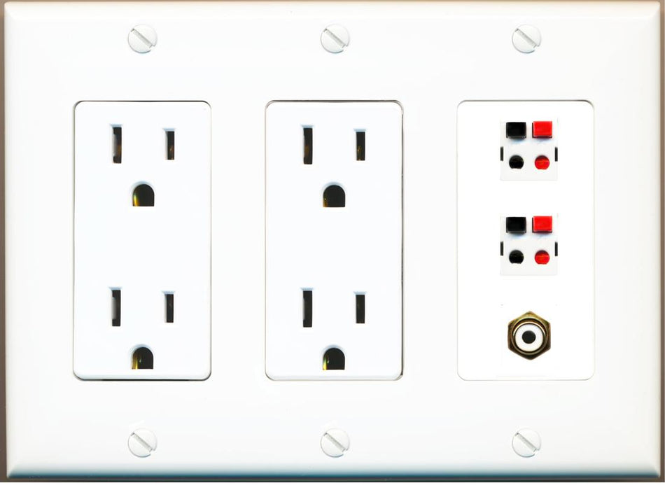 RiteAV 2 Port Speaker Wire Plug Jack Wall Plate with RCA for Subwoofer - 2 Outlet [White]