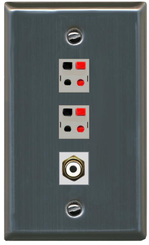 RiteAV 2 Port Speaker Wire Plug Jack Wall Plate with RCA for Subwoofer - Flat [Stainless Steel]