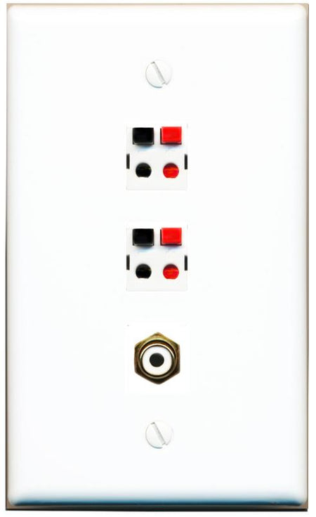 RiteAV 2 Port Speaker Wire Plug Jack Wall Plate with RCA for Subwoofer - Flat [White]