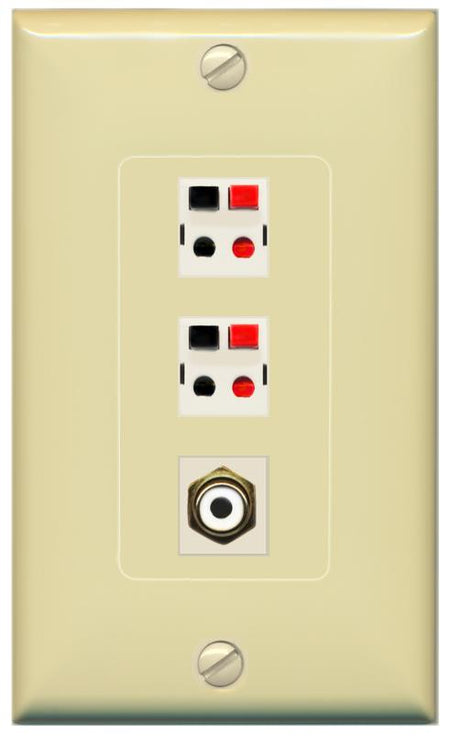 RiteAV 2 Port Speaker Wire Plug Jack Wall Plate with RCA for Subwoofer - 1 Gang [Ivory/Ivory]