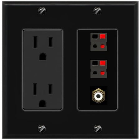RiteAV 2 Port Speaker Wire Plug Jack Wall Plate with RCA for Subwoofer - Outlet [Black/Black]