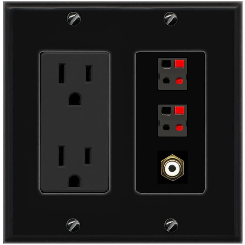 RiteAV 2 Port Speaker Wire Plug Jack Wall Plate with RCA for Subwoofer - Outlet [Black/Black]