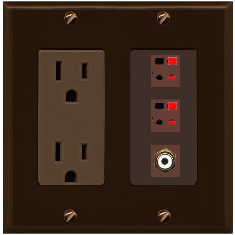 RiteAV 2 Port Speaker Wire Plug Jack Wall Plate with RCA for Subwoofer - Outlet [Brown/Brown]