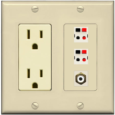 RiteAV 2 Port Speaker Wire Plug Jack Wall Plate with RCA for Subwoofer - Outlet [Ivory/Ivory]