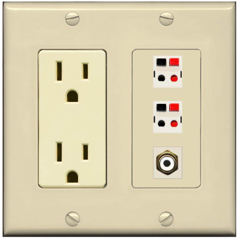 RiteAV 2 Port Speaker Wire Plug Jack Wall Plate with RCA for Subwoofer - Outlet [Ivory/Ivory]