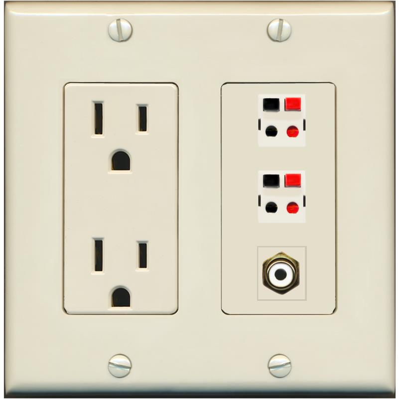 RiteAV 2 Port Speaker Wire Plug Jack Wall Plate with RCA for Subwoofer - Outlet [Light-Almond]