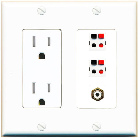 RiteAV 2 Port Speaker Wire Plug Jack Wall Plate with RCA for Subwoofer - Tamper-Res [White]