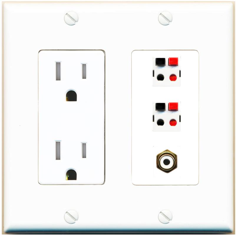 RiteAV 2 Port Speaker Wire Plug Jack Wall Plate with RCA for Subwoofer - Tamper-Res [White]