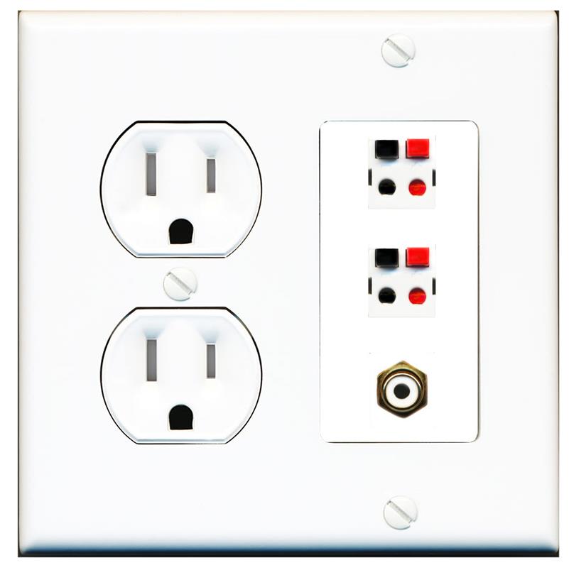 RiteAV 2 Port Speaker Wire Plug Jack Wall Plate with RCA for Subwoofer - Tamper Proof [White]