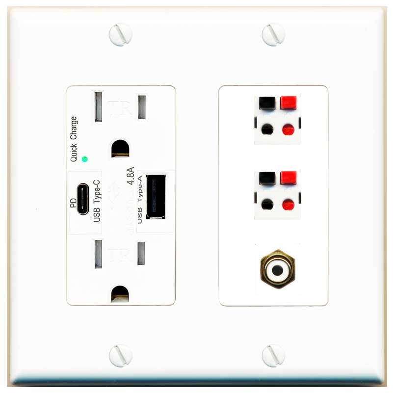 RiteAV 2 Port Speaker Wire Plug Jack Wall Plate with RCA for Subwoofer - USB AC Charger [White]
