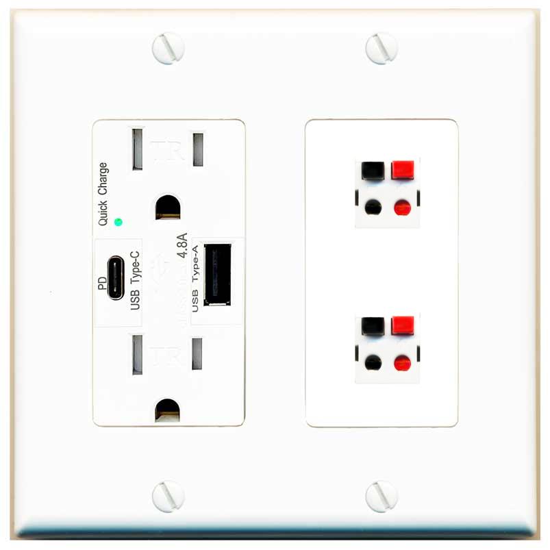 RiteAV 2 Port Speaker Wire Plug Jack Wall Plate - USB AC Charger [White]