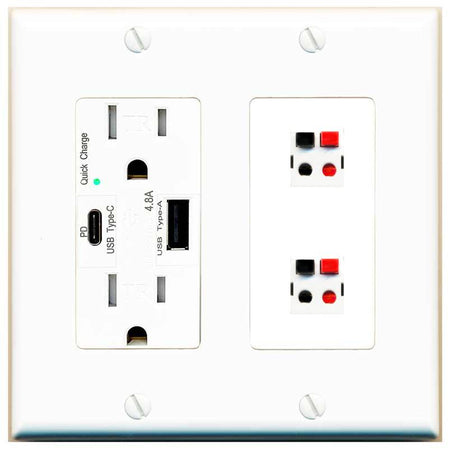 RiteAV 2 Port Speaker Wire Plug Jack Wall Plate - USB AC Charger [White]
