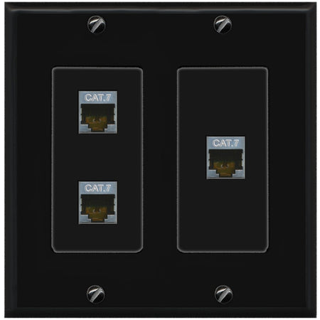 RiteAV 3 Port Cat7 Shielded Ethernet Wall Plate - 2 Gang [Black/Black]