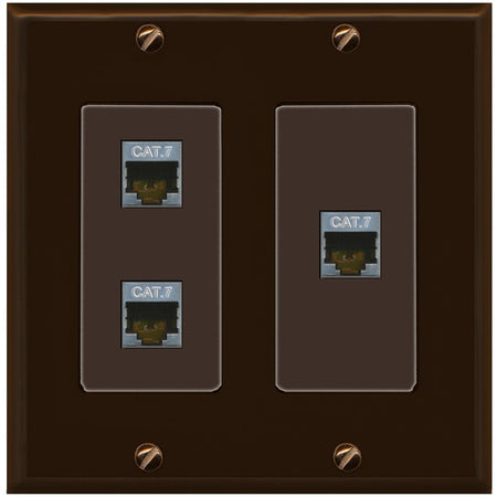 RiteAV 3 Port Cat7 Shielded Ethernet Wall Plate - 2 Gang [Brown/Brown]