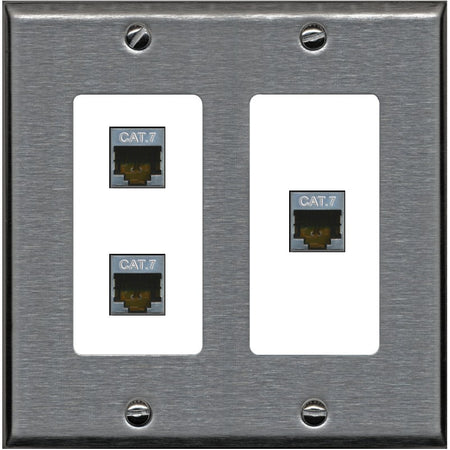RiteAV 3 Port Cat7 Shielded Ethernet Wall Plate - 2 Gang [Stainless/White]