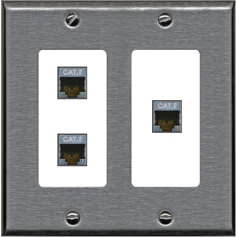 RiteAV 3 Port Cat7 Shielded Ethernet Wall Plate - 2 Gang [Stainless/White]