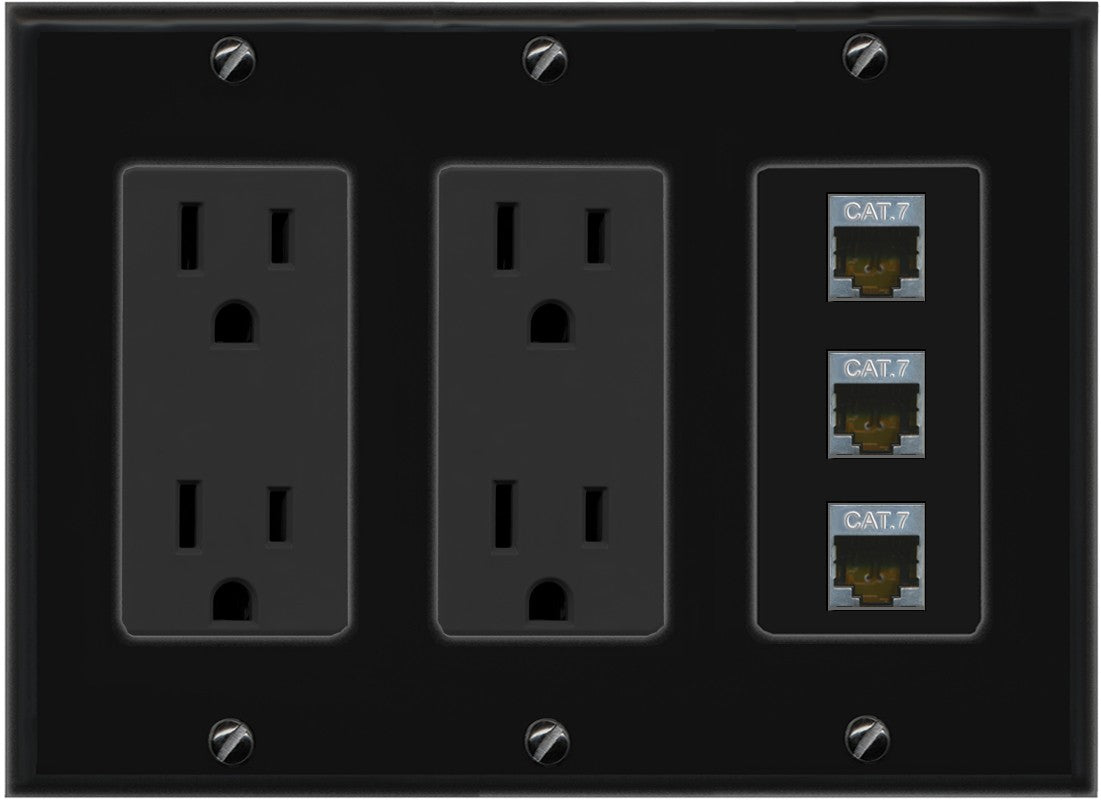 RiteAV 3 Port Cat7 Shielded Ethernet Wall Plate - 3 Gang 2 Outlet [Black/Black]