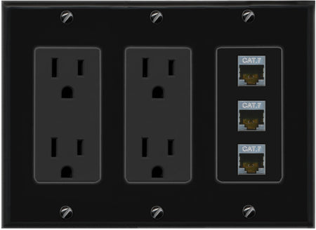 RiteAV 3 Port Cat7 Shielded Ethernet Wall Plate - 3 Gang 2 Outlet [Black/Black]
