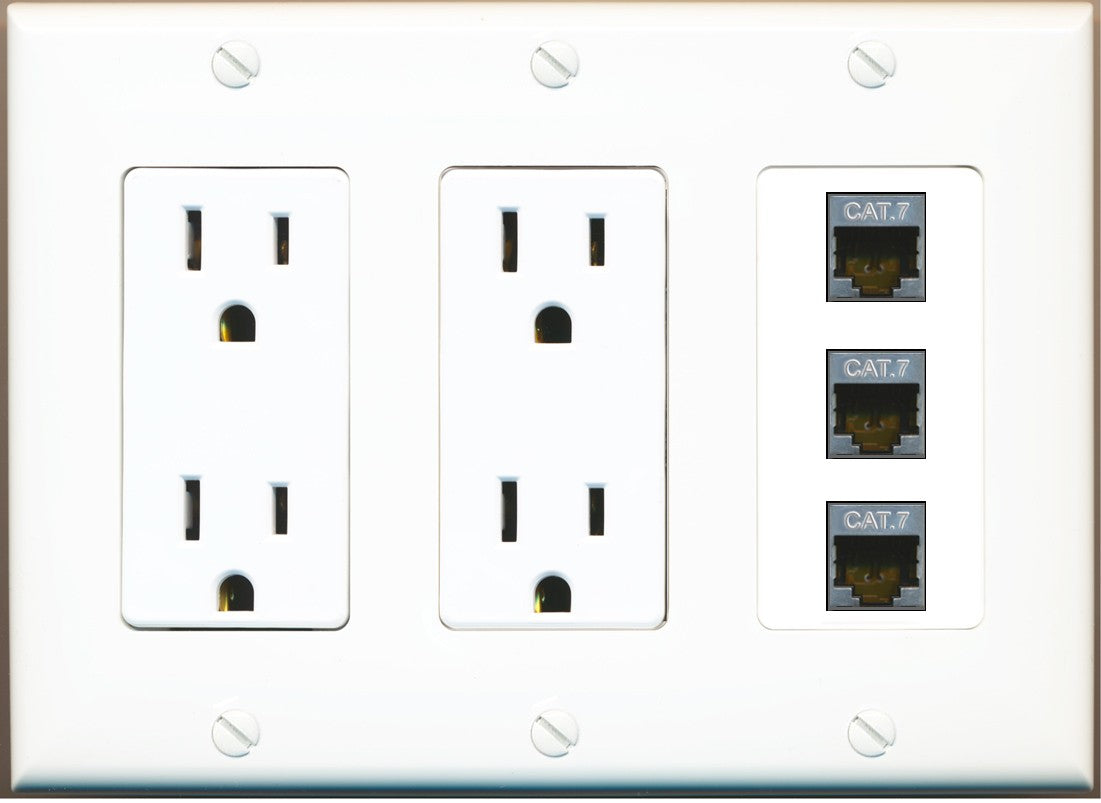 RiteAV 3 Port Cat7 Shielded Ethernet Wall Plate - 3 Gang 2 Outlet [White]