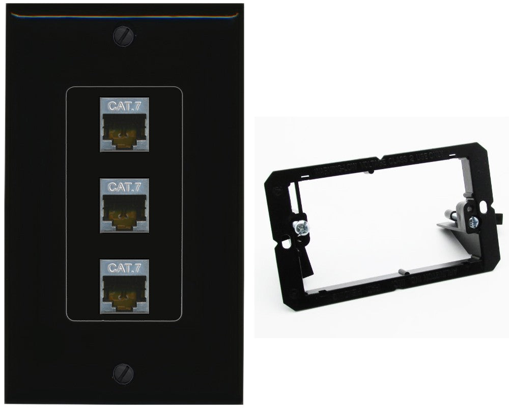 RiteAV 3 Port Cat7 Shielded Ethernet Wall Plate - Bracket [Black/Black]