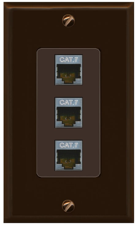 RiteAV 3 Port Cat7 Shielded Ethernet Wall Plate - 1 Gang Decorative [Brown/Brown]