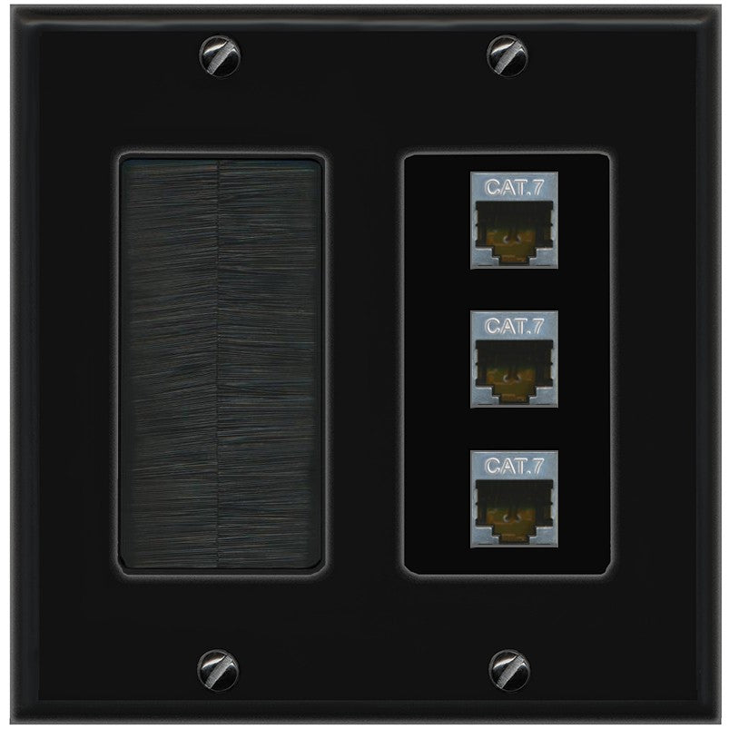RiteAV 3 Port Cat7 Shielded Ethernet Wall Plate - Brush [Black/Black]