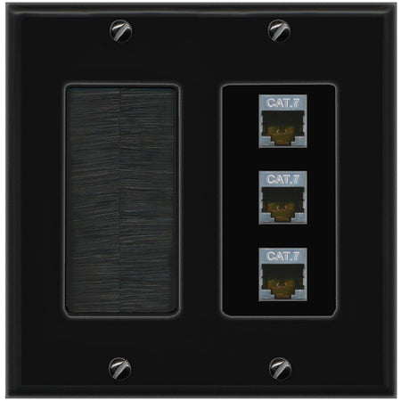 RiteAV 3 Port Cat7 Shielded Ethernet Wall Plate - Brush [Black/Black]