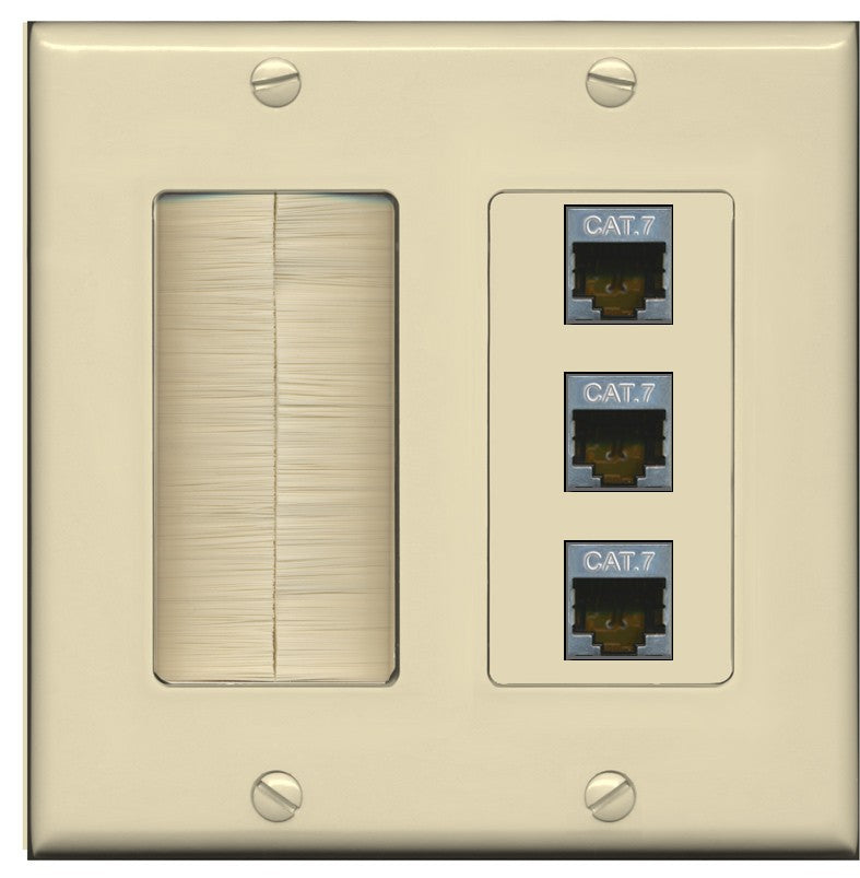 RiteAV 3 Port Cat7 Shielded Ethernet Wall Plate - Brush [Ivory/Ivory]