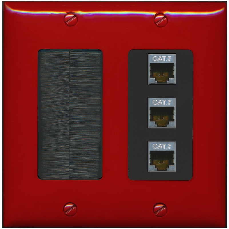 RiteAV 3 Port Cat7 Shielded Ethernet Wall Plate - Brush [Red/Black]