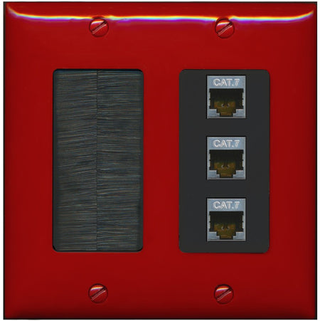 RiteAV 3 Port Cat7 Shielded Ethernet Wall Plate - Brush [Red/Black]