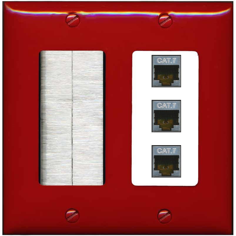 RiteAV 3 Port Cat7 Shielded Ethernet Wall Plate - Brush [Red/White]