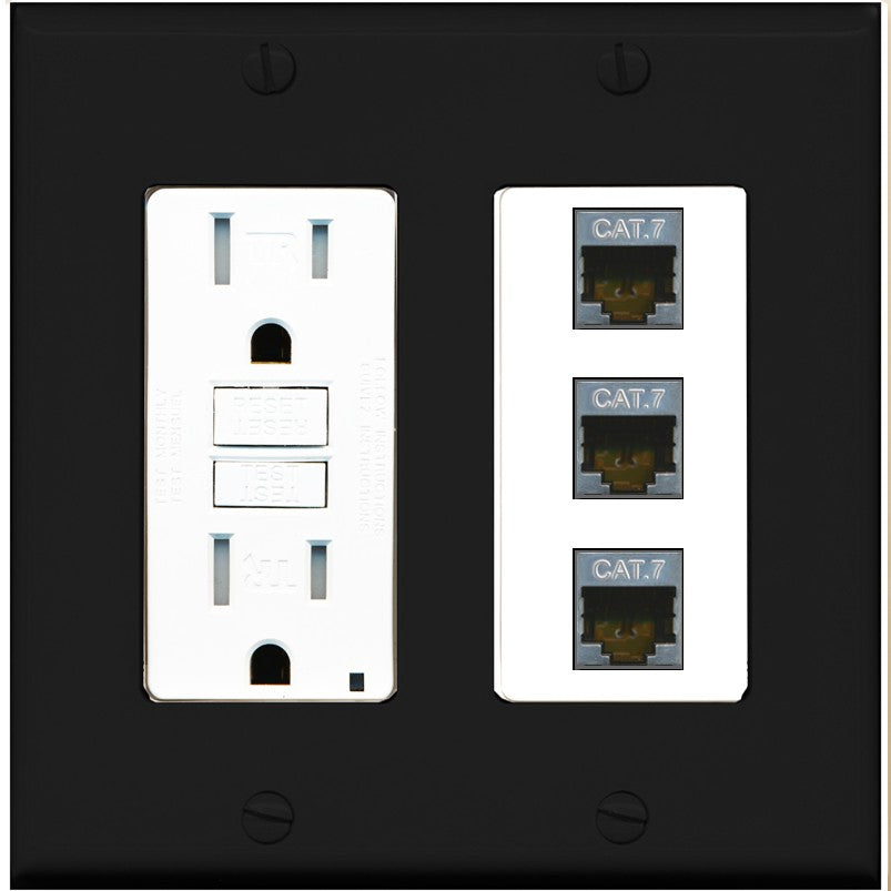 RiteAV 3 Port Cat7 Shielded Ethernet Wall Plate - GFCI Outlet [Black/White]
