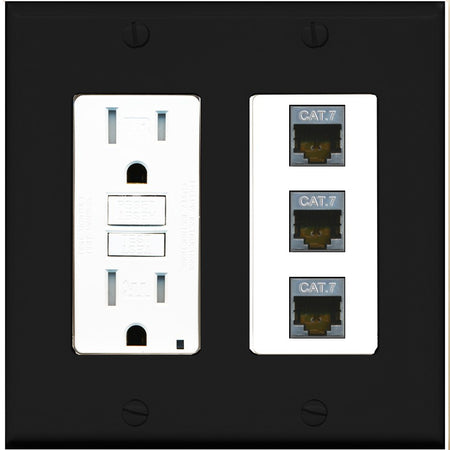 RiteAV 3 Port Cat7 Shielded Ethernet Wall Plate - GFCI Outlet [Black/White]