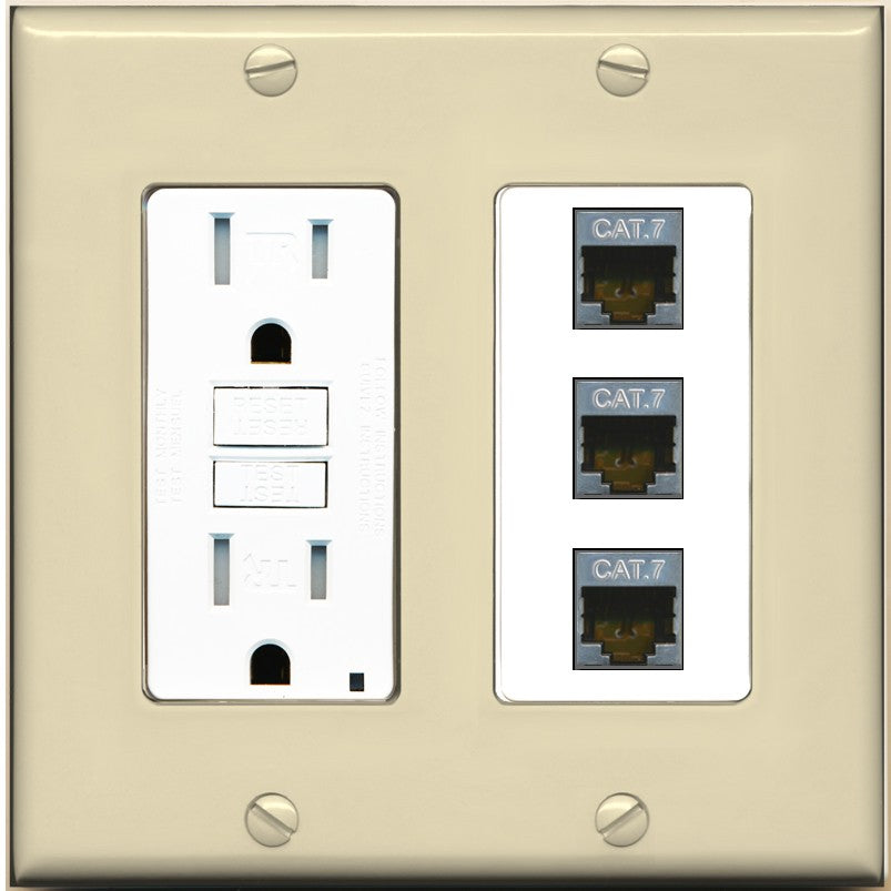 RiteAV 3 Port Cat7 Shielded Ethernet Wall Plate - GFCI Outlet [Ivory/White]