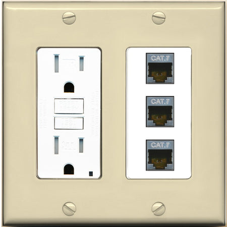 RiteAV 3 Port Cat7 Shielded Ethernet Wall Plate - GFCI Outlet [Ivory/White]